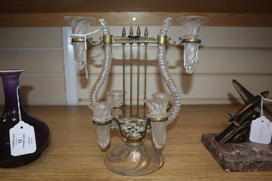 A Bohemian brass and glass lyre-shaped centrepiece